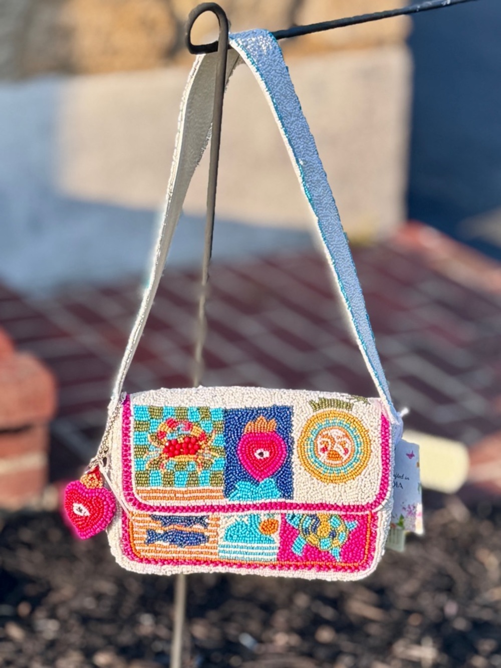 Coastal Beaded Shoulder Bag Crab Shell Beach Evil Eye Icons Matching Bag Charm - Picture 3 of 11